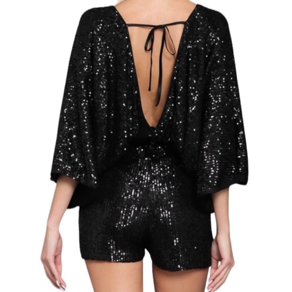 Black Sequined Dolman Sleeve Romper - Picture 2 of 16